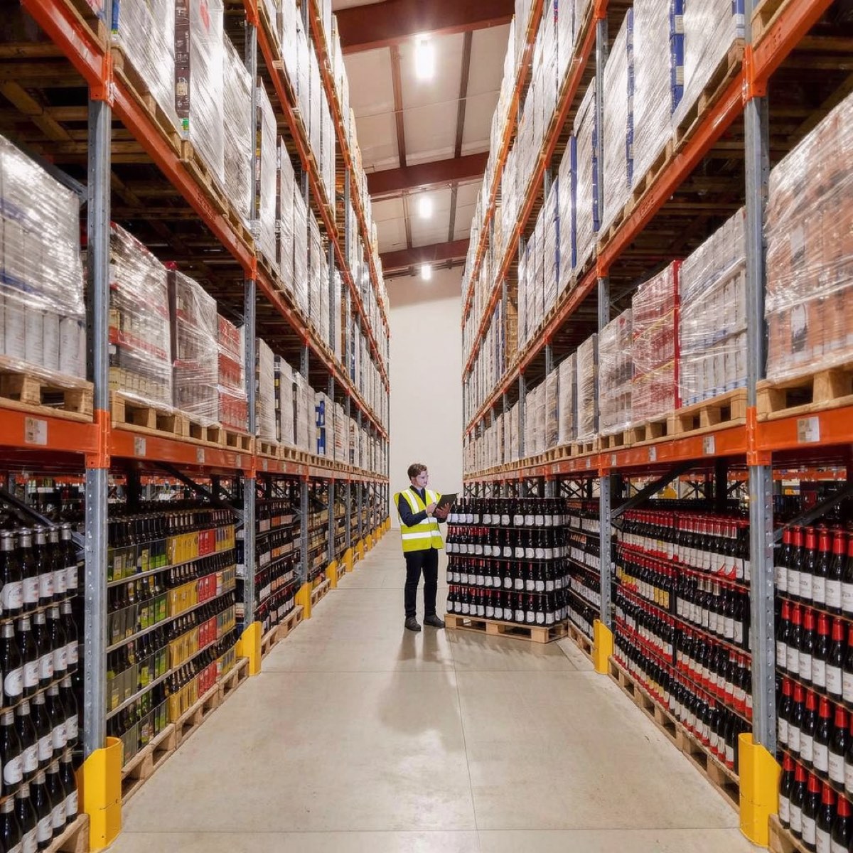 A warehouse supervisor checking pallets of cased drinks in a wholesale aisle