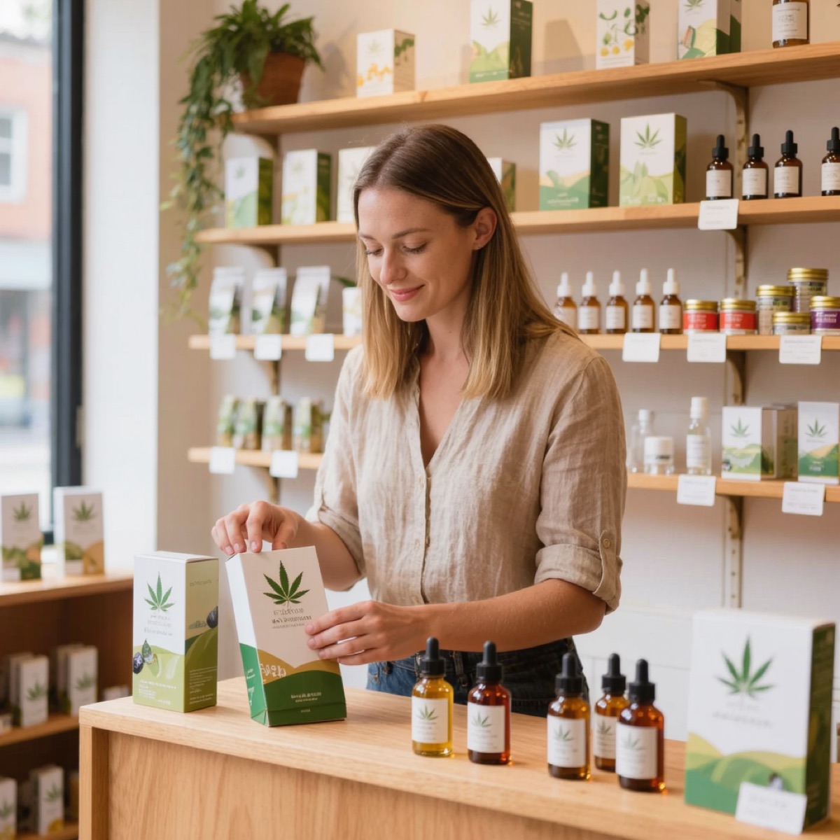 A shopkeeper arranging boxed CBD oils in a bright wellness shop