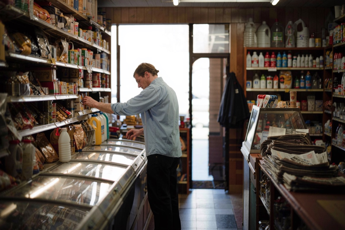 A shopkeeper restocking shelves in a corner shop