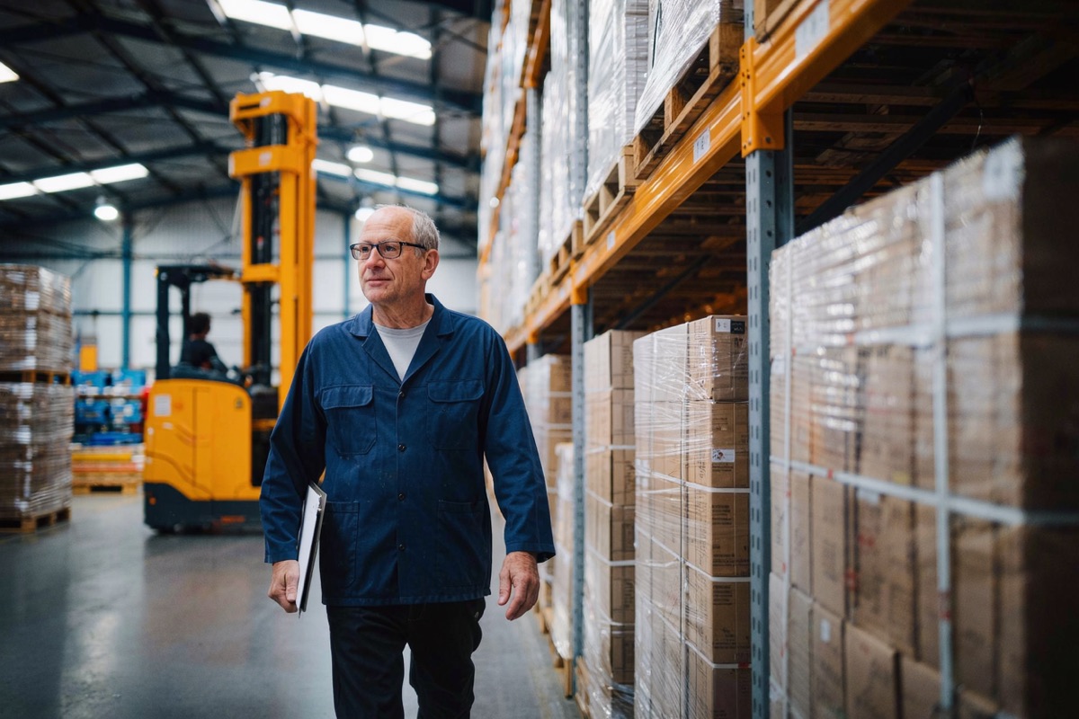 A distribution manager checking pallets of stock