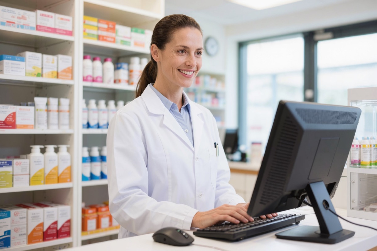 A pharmacist behind the counter of a community pharmacy