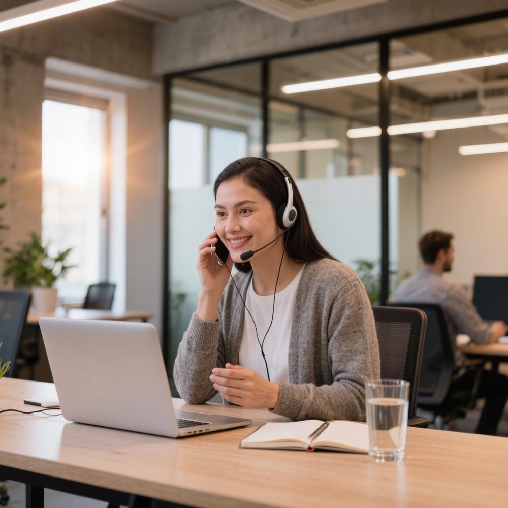 A support specialist on a call at her desk