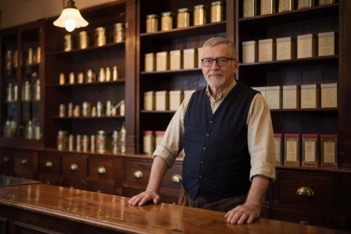 A tobacconist behind the counter of a specialist shop
